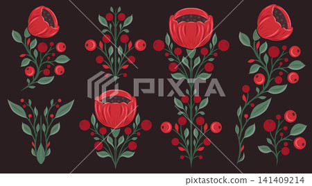 Vector set of Slavic floral clip arts on dark background. Folk art blooming wildflowers. Collection of decorative flat red poppies Vector set of Slavic floral clip arts on dark background. Folk art blooming wildflowers. Collection of decorative flat red poppies 141409214