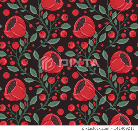Vector decorative seamless pattern with red poppies and berries on dark background. Folk art floral ornament. Ornate texture Vector decorative seamless pattern with red poppies and berries on dark background. Folk art floral ornament. Ornate texture 141409215