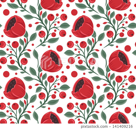 Vector decorative seamless pattern with red poppies and berries on white background. Folk art vertical floral ornament. Texture with wildflowers Vector decorative seamless pattern with red poppies and berries on white background. Folk art vertical floral ornament. Texture with wildflowers 141409216