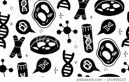 Vector monochrome seamless pattern with DNA and molecules. Genetic study of deoxyribonucleic acid. Vector monochrome seamless pattern with DNA and molecules. Genetic study of deoxyribonucleic acid. 141409223