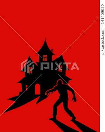 Silhouette of a zombie in front of a haunted house Silhouette of a zombie in front of a haunted house 141409630