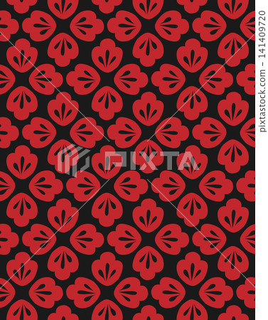 Vector decorative seamless pattern with tiny red flowers on black background. Folk art floral tile texture. Wallpaper with red wildflower silhouettes. Vector decorative seamless pattern with tiny red flowers on black background. Folk art floral tile texture. Wallpaper with red wildflower silhouettes. 141409720