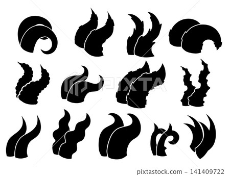 Vector set of black silhouette of devil horns side view. Mythology and witchcraft accessories. Collection of magical fantasy horns clip arts Vector set of black silhouette of devil horns side view. Mythology and witchcraft accessories. Collection of magical fantasy horns clip arts 141409722