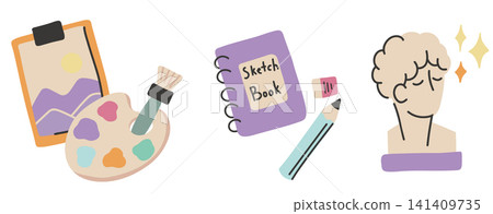Back to school. Vector set of art supplies in a hand drawn naive style. Collection of composition of artist stuff. Back to school. Vector set of art supplies in a hand drawn naive style. Collection of composition of artist stuff. 141409735