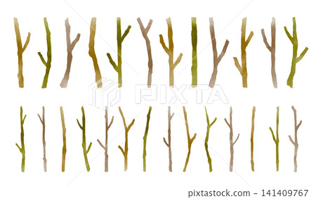 一組樹枝插圖，水彩風格，向量圖，有多種變體，包括細枝和粗枝，可用作素材、裝飾或背景。 141409767