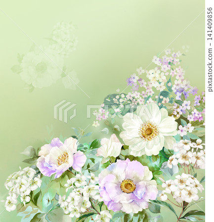 Soft Pastel Watercolor Tulip Rose and Ditsy Wildflower Seamless Pattern Collection 141409856