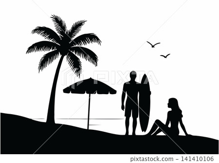 Silhouette of a surfing couple on a tropical beach with palm trees and umbrellas. Silhouette of a surfing couple on a tropical beach with palm trees and umbrellas. 141410106