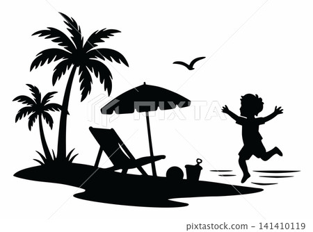 A silhouette of a cheerful child running on a tropical beach with palm trees and umbrellas. A silhouette of a cheerful child running on a tropical beach with palm trees and umbrellas. 141410119