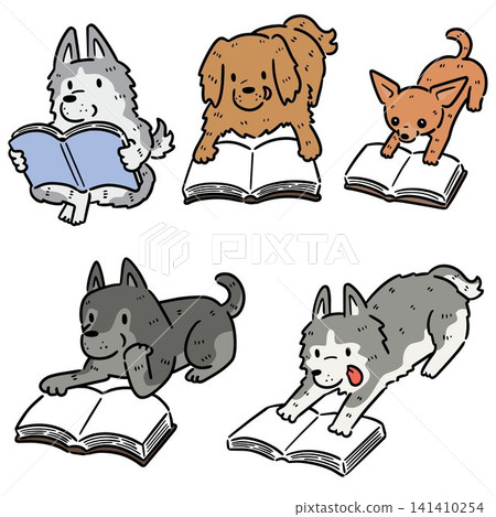 vector set of dog reading book vector set of dog reading book 141410254