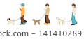 A set of illustrations of three couples walking their dogs. 141410289