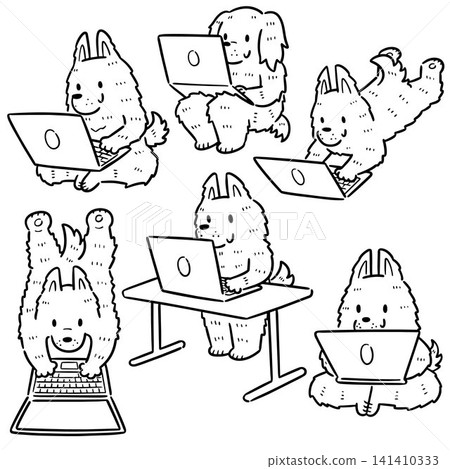 vector set of dog using laptop vector set of dog using laptop 141410333