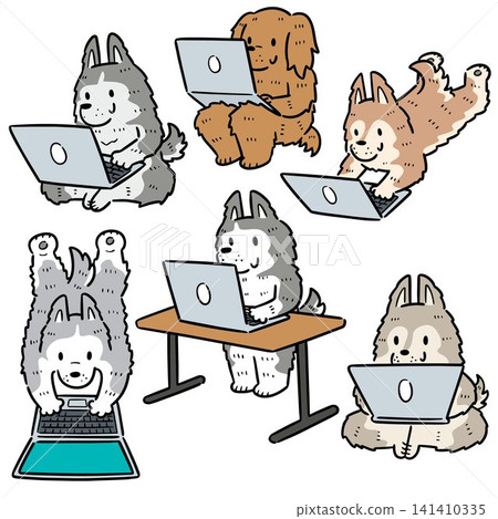 vector set of dog using laptop vector set of dog using laptop 141410335
