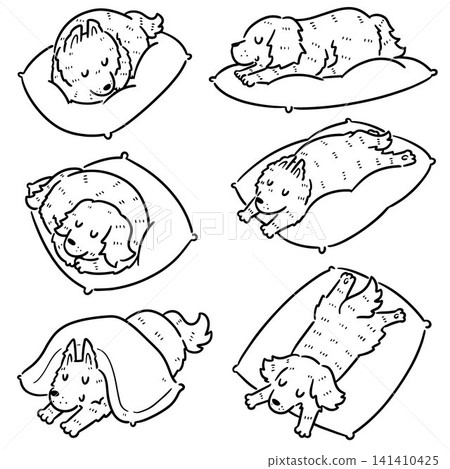 Hand drawn illustration of dog lying on pillow 141410425