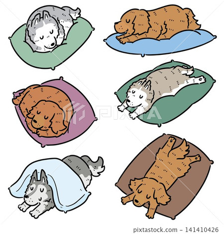 Hand drawn illustration of dog lying on pillow 141410426
