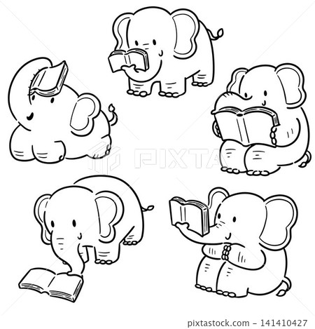 Hand drawn illustration of elephant reading books 141410427