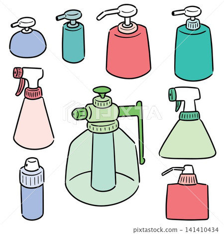 Hand drawn illustration of plastic pump bottle and spray bottle 141410434