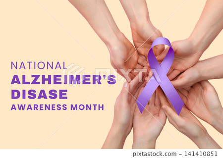 Alzheimer's awareness. Hands come together to hold a purple ribbon for Alzheimers awareness Alzheimer's awareness. Hands come together to hold a purple ribbon for Alzheimers awareness 141410851