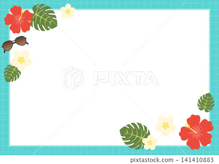 芙蓉花和玳瑁泳池主題相框背景;蛋花和太陽眼鏡夏季留白素材。 芙蓉花和玳瑁泳池主題相框背景;蛋花和太陽眼鏡夏季留白素材。 141410883