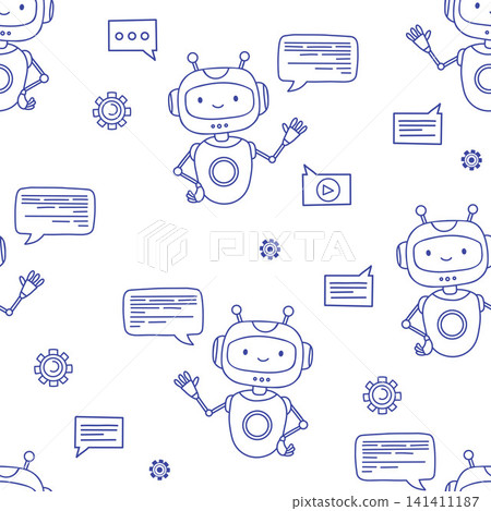 AI Chatbot Seamless Pattern on White Background. Cute Robot with Speech Bubble Line Art Repeated Template. Vector Illustration for No-Code Website, Tech Support and App Branding. Outline Hand Drawn. AI Chatbot Seamless Pattern on White Background. Cute Robot with Speech Bubble Line Art Repeated Template. Vector Illustration for No-Code Website, Tech Support and App Branding. Outline Hand Drawn. 141411187