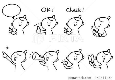A set of cute hand-drawn female expressions and poses: pointing finger, OK sign, checkmark, megaphone, beginner's mark. A set of cute hand-drawn female expressions and poses: pointing finger, OK sign, checkmark, megaphone, beginner's mark. 141411238