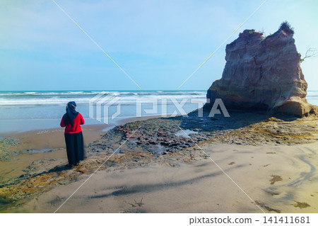 Aerial view of coastal rock formations rising from the sea with crashing waves and sandy beach in Indonesia Aerial view of coastal rock formations rising from the sea with crashing waves and sandy beach in Indonesia 141411681