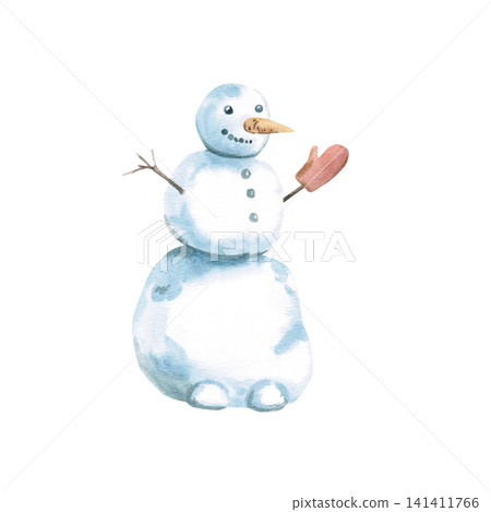 A cute snowman with a carrot nose and a red mitten. Isolated watercolor illustration for children's cards, New Year's products, web design, and holiday Christmas projects. A cute snowman with a carrot nose and a red mitten. Isolated watercolor illustration for children's cards, New Year's products, web design, and holiday Christmas projects. 141411766