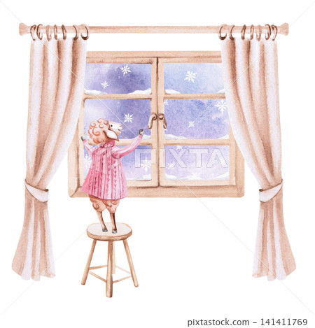 A sheep in a sweater by the window, looking at snowflakes. Isolated watercolor illustration for children's book designs, websites, advertising, Christmas cards, winter calendars, and textiles. A sheep in a sweater by the window, looking at snowflakes. Isolated watercolor illustration for children's book designs, websites, advertising, Christmas cards, winter calendars, and textiles. 141411769