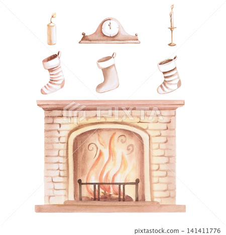 A fireplace with a burning fire, a candle, a clock, and three festive stockings. Isolated watercolor illustration for the design of Christmas cards, calendars, packaging, children's products, decor. A fireplace with a burning fire, a candle, a clock, and three festive stockings. Isolated watercolor illustration for the design of Christmas cards, calendars, packaging, children's products, decor. 141411776