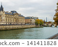 Conciergerie and Seine river embankment in Paris showing Pont Neuf and Eiffel Tower in distance 141411828