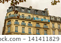 Haussmann building facade in Paris featuring blue balconies and autumn leaves on an overcast day 141411829