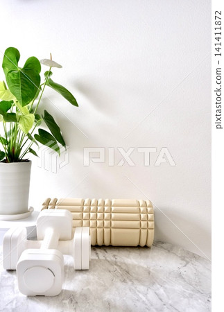 A simple background with home training equipment and houseplants. A simple background with home training equipment and houseplants. 141411872