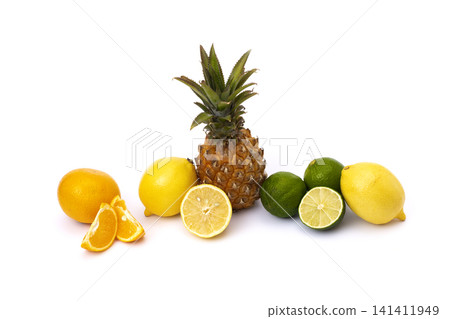 Pineapple with lemon and lime and oranges on a white background. Group of citrus fruits close-up. Lime green, pineapple, orange orange, lemon close-up on an isolated white background. Pineapple with lemon and lime and oranges on a white background. Group of citrus fruits close-up. Lime green, pineapple, orange orange, lemon close-up on an isolated white background. 141411949