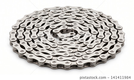 Close up view of clean metallic silver bicycle chain with mechanical sprocket component transmission industrial textured precision engineering maintenance drivetrain equipment hardware Close up view of clean metallic silver bicycle chain with mechanical sprocket component transmission industrial textured precision engineering maintenance drivetrain equipment hardware 141411984