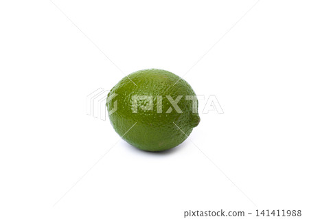 Lime green on a white background. Whole and halves limes isolated on white background. Full depth of field. 141411988