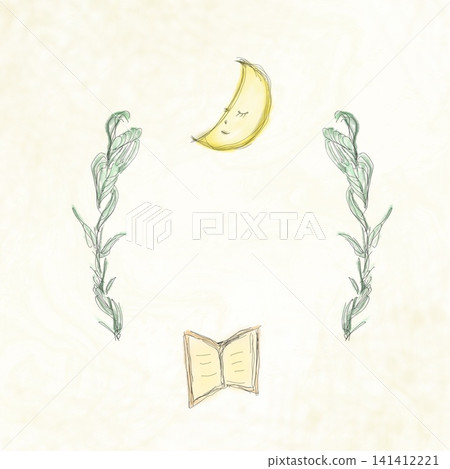 夢幻般的手繪植物畫框，飾以新月和書籍（復古紙背景）。 141412221