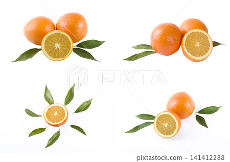 Oranges on a white background. Fresh citrus fruits on a white background. Oranges on a white background. Fresh citrus fruits on a white background. 141412288