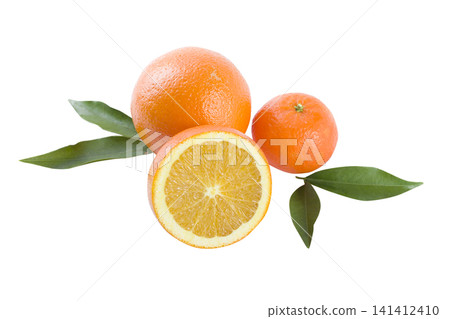 Oranges on a white background. Fresh citrus fruits on a white background. Oranges on a white background. Fresh citrus fruits on a white background. 141412410