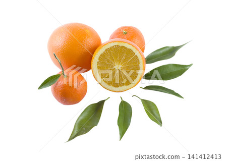 Orange and mandarins on a white background. Fresh citrus fruits on a white background. Orange and mandarins on a white background. Fresh citrus fruits on a white background. 141412413