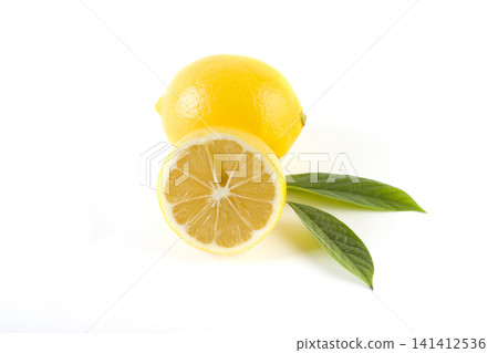 Lemons with leaves on a white background. Fresh lemons on a white background. 141412536