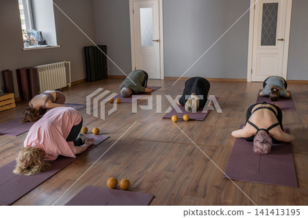 Woman instructor teaching mobility to a group of seniors in a pilates studio. Group of senior people exercising on mats to improve balance and flexibility. Healthy lifestyle and wellness Woman instructor teaching mobility to a group of seniors in a pilates studio. Group of senior people exercising on mats to improve balance and flexibility. Healthy lifestyle and wellness 141413195