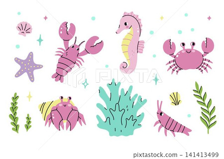 A set of seabed animals on a white background. Vector graphics. A set of seabed animals on a white background. Vector graphics. 141413499