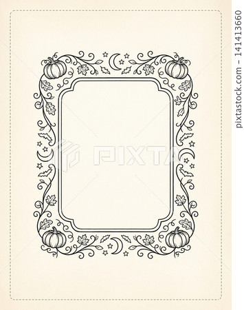 Decorative autumnal border featuring pumpkins leaves stars bats and crescent moon for seasonal design projects with displays black white line art frame adorned pumpkins Decorative autumnal border featuring pumpkins leaves stars bats and crescent moon for seasonal design projects with displays black white line art frame adorned pumpkins 141413660
