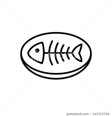 Outline icon of a fish skeleton served on a plate. Great for cat food products, pet treats, and dining concepts. Outline icon of a fish skeleton served on a plate. Great for cat food products, pet treats, and dining concepts. 141413790