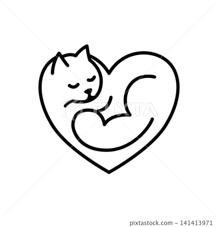 Minimalist icon featuring a cat sleeping inside a heart shape. Perfect for pet rescue, cat adoption, and pet love campaigns. 141413971