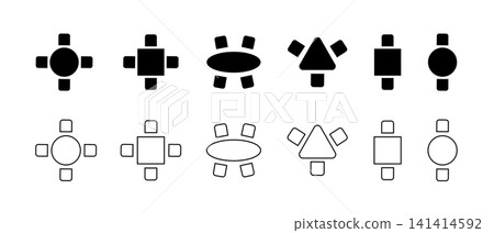 Set of seats silhouettes in restaurant, cafe or dining room for two or four persons. Tables and chairs signs for floorplan. Graphic furniture symbols. Seating plan elements. Vector illustration Set of seats silhouettes in restaurant, cafe or dining room for two or four persons. Tables and chairs signs for floorplan. Graphic furniture symbols. Seating plan elements. Vector illustration 141414592