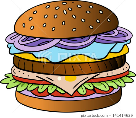 Cartoon Burger With Lettuce, Tomato, And Cheese. Vector Hand Drawn Illustration Isolated On Transparent Background Cartoon Burger With Lettuce, Tomato, And Cheese. Vector Hand Drawn Illustration Isolated On Transparent Background 141414629