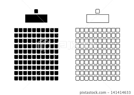 Auditorium seating floor plan in top view. Schema of seats in classroom or lectorium, meeting or conference, training or seminar event. Desk and chairs silhouettes. Vector graphic illustration 141414633