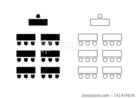 Desks and chairs icons. Schema of seats in school classroom. Lectorium, meeting or conference seatings arrangement. Training, seminar or business event auditorium plan top view. Vector illustration Desks and chairs icons. Schema of seats in school classroom. Lectorium, meeting or conference seatings arrangement. Training, seminar or business event auditorium plan top view. Vector illustration 141414636
