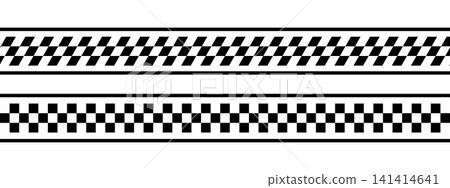 Set of borders with checkered racing flag, chess board, taxi or police pattern. Strips with repeated black and white squares in straight and diagonal arrangement. Vector graphic illustration Set of borders with checkered racing flag, chess board, taxi or police pattern. Strips with repeated black and white squares in straight and diagonal arrangement. Vector graphic illustration 141414641