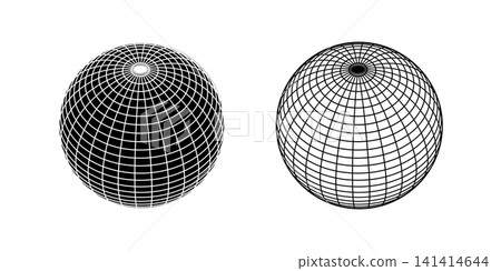 Black and white globe figures with wireframe structures. Spherical shapes, meshed balls isolated on white background. Earth spheres with longitude and latitude lines. Vector graphic illustration Black and white globe figures with wireframe structures. Spherical shapes, meshed balls isolated on white background. Earth spheres with longitude and latitude lines. Vector graphic illustration 141414644
